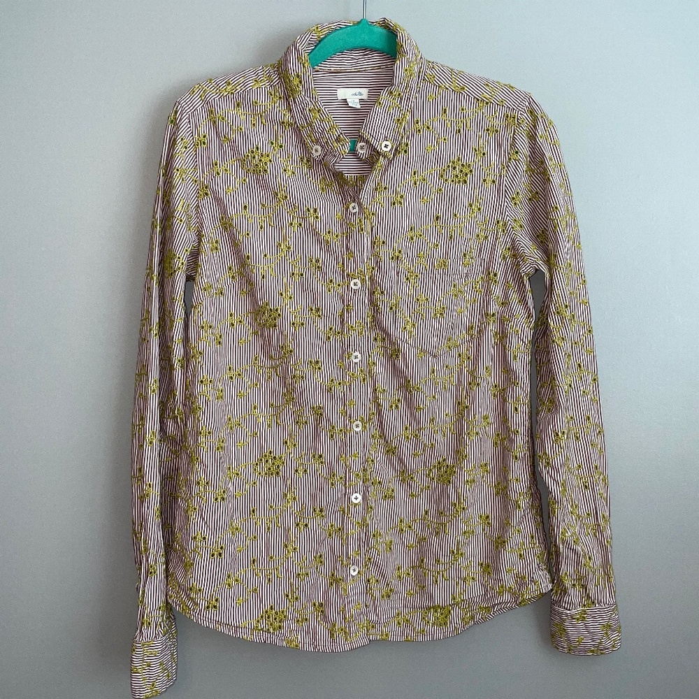 EUC Anthropologie Odille Striped Eyelet Floral Embroidered Shirt Size 10